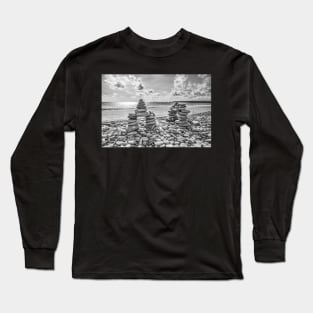 Rock Cairns On Amroth Beach, Wales, Black And White Long Sleeve T-Shirt